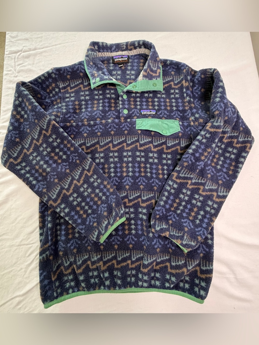 Patagonia Synchilla Wild Roots Snap T Fleece XS Aztec Print Blue Green Pullover